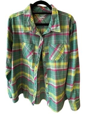 Cabela’s Women’s Plaid Button Down Shirt Green Pink Size M